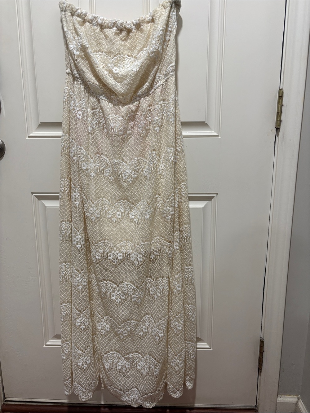 Boho Strapless Cream Maxi Dress with White Lace